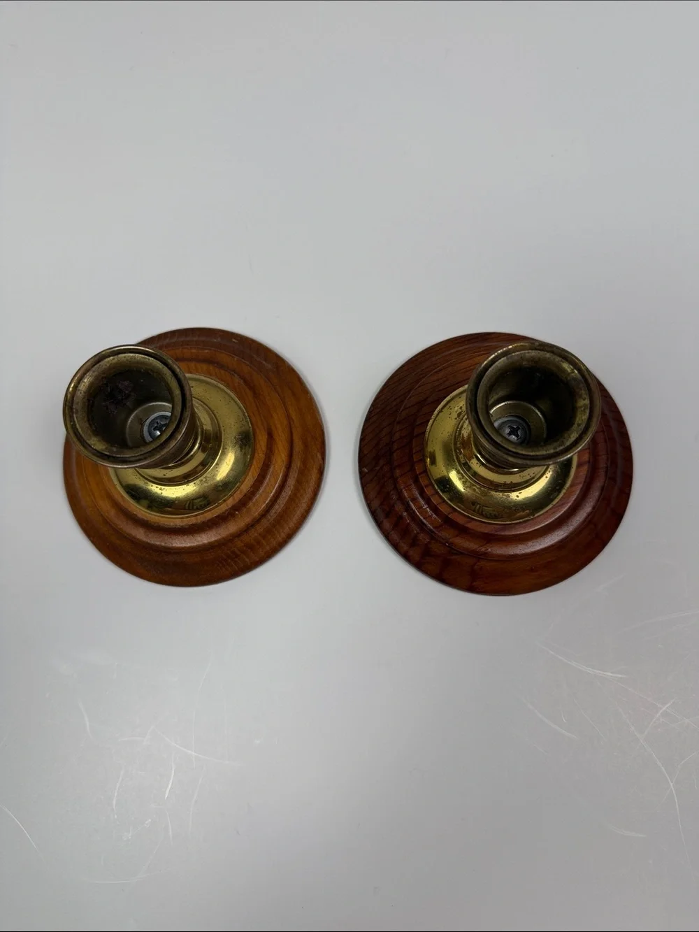 Vintage Brass & Wood Candlestick Holders Set of 2 Rustic Farmhouse Cottagecore